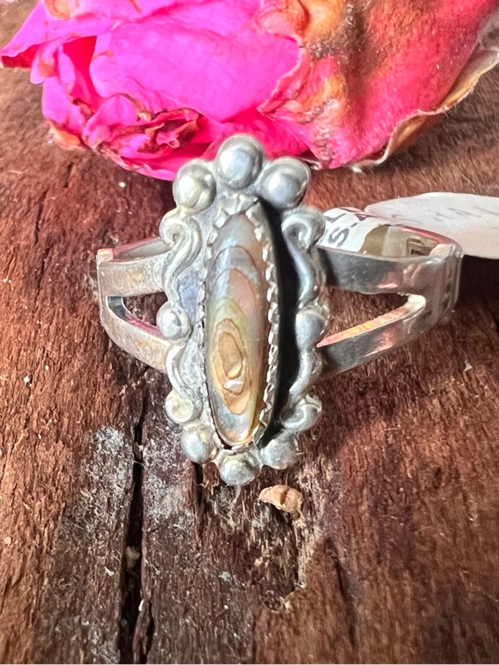 NOS Navajo Ring Brown Abalone Silver Green Peacock Oval Dainty Bell Trading Post